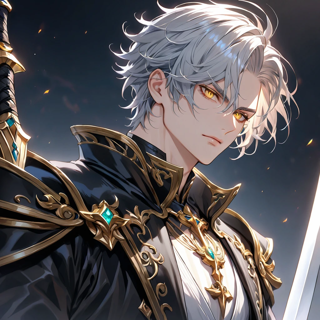 hair with white parts and some black, low fade hairstyle, yellow eyes, black coat, alone, image from the bust up, man, two legendary swords.