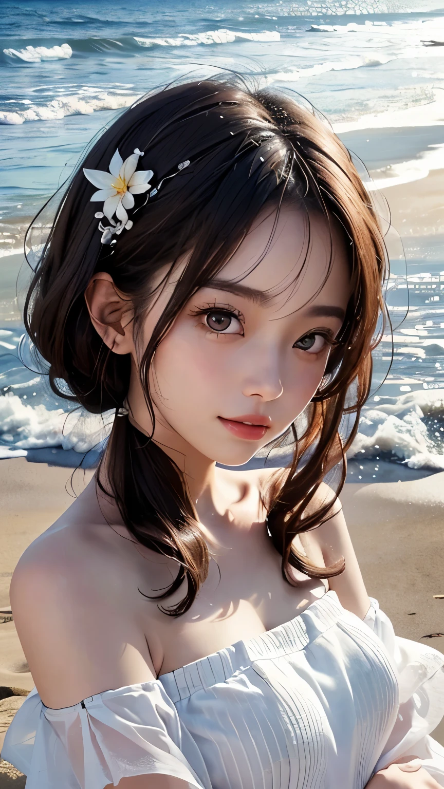 A portrait of a young Japanese woman standing on a sandy beach. She is wearing a white off-shoulder blouse, her hair is shoulder-length and ash brown. The background features a serene beach scene. Her facial expression and eyes are rendered with incredible detail, showcasing a pure and enchanting smile. The image should capture a feminine vibe and invite the viewer's favor, all in 4K quality and in a 16:9 aspect ratio.