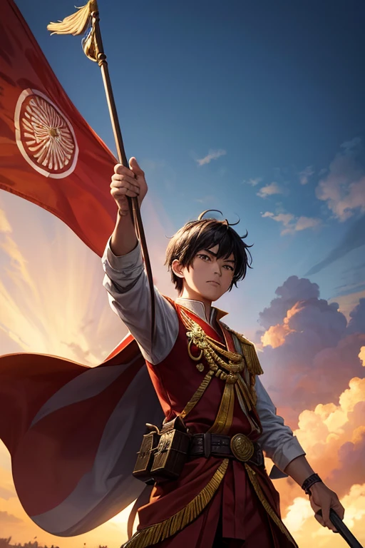 Create an epic anime scene celebrating Indonesian Independence. Illustrate a young hero dressed in traditional Indonesian attire, such as batik or military-style clothing with red and white accents. The hero stands proudly amidst a vibrant crowd, with the majestic red-and-white flag waving in the background. Include iconic Indonesian landmarks like the National Monument (Monas) or Borobudur Temple. Incorporate cultural elements such as wayang kulit, national flowers, and the word 'MERDEKA' in a dramatic graphic style. The overall atmosphere should evoke a sense of triumph, pride, and national spirit