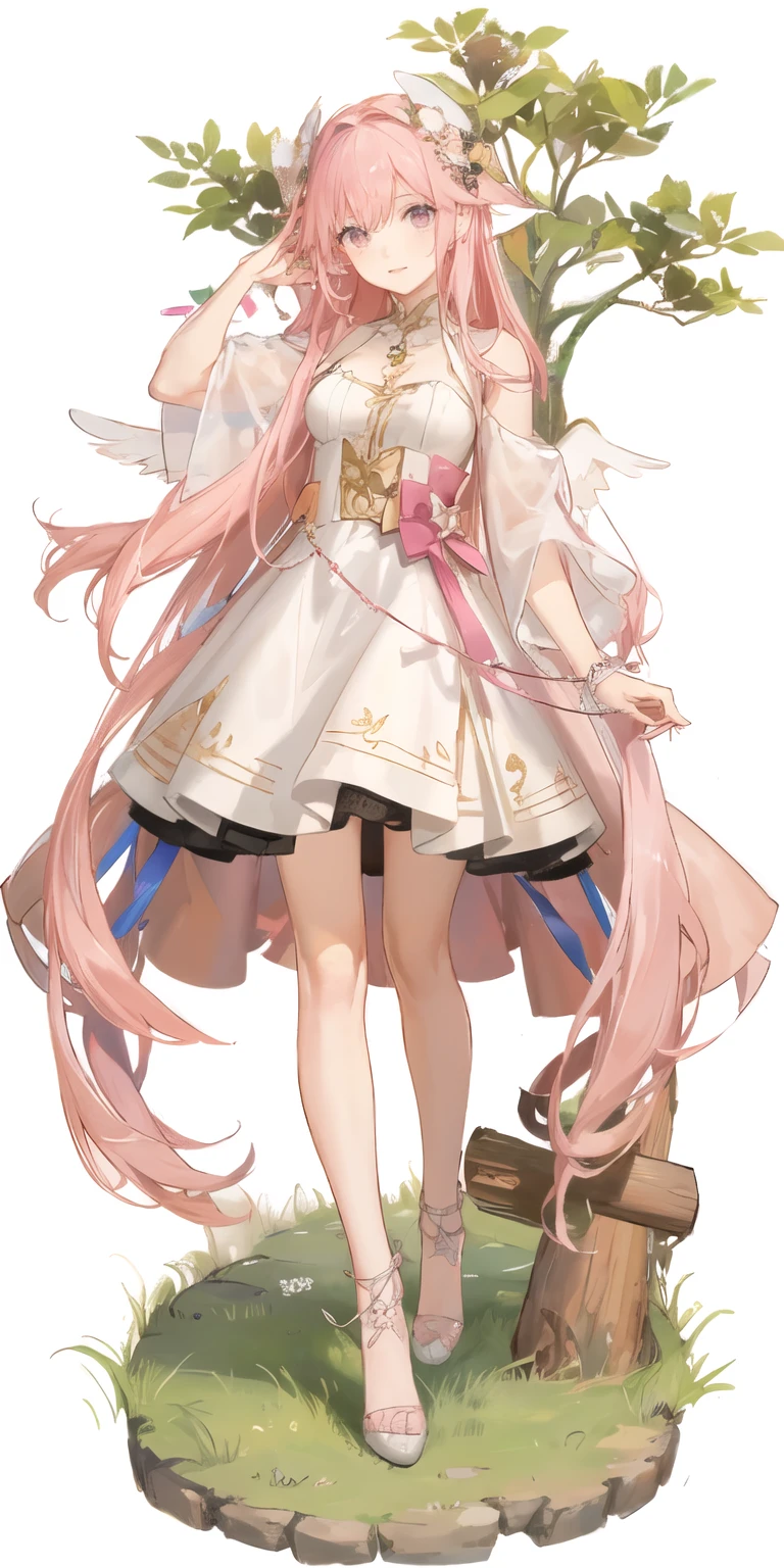  girl with pink longhair and massive wings wwith a pink and golden crwon on her head wearing a goddesse dress, (Full Body) (Forest Background)