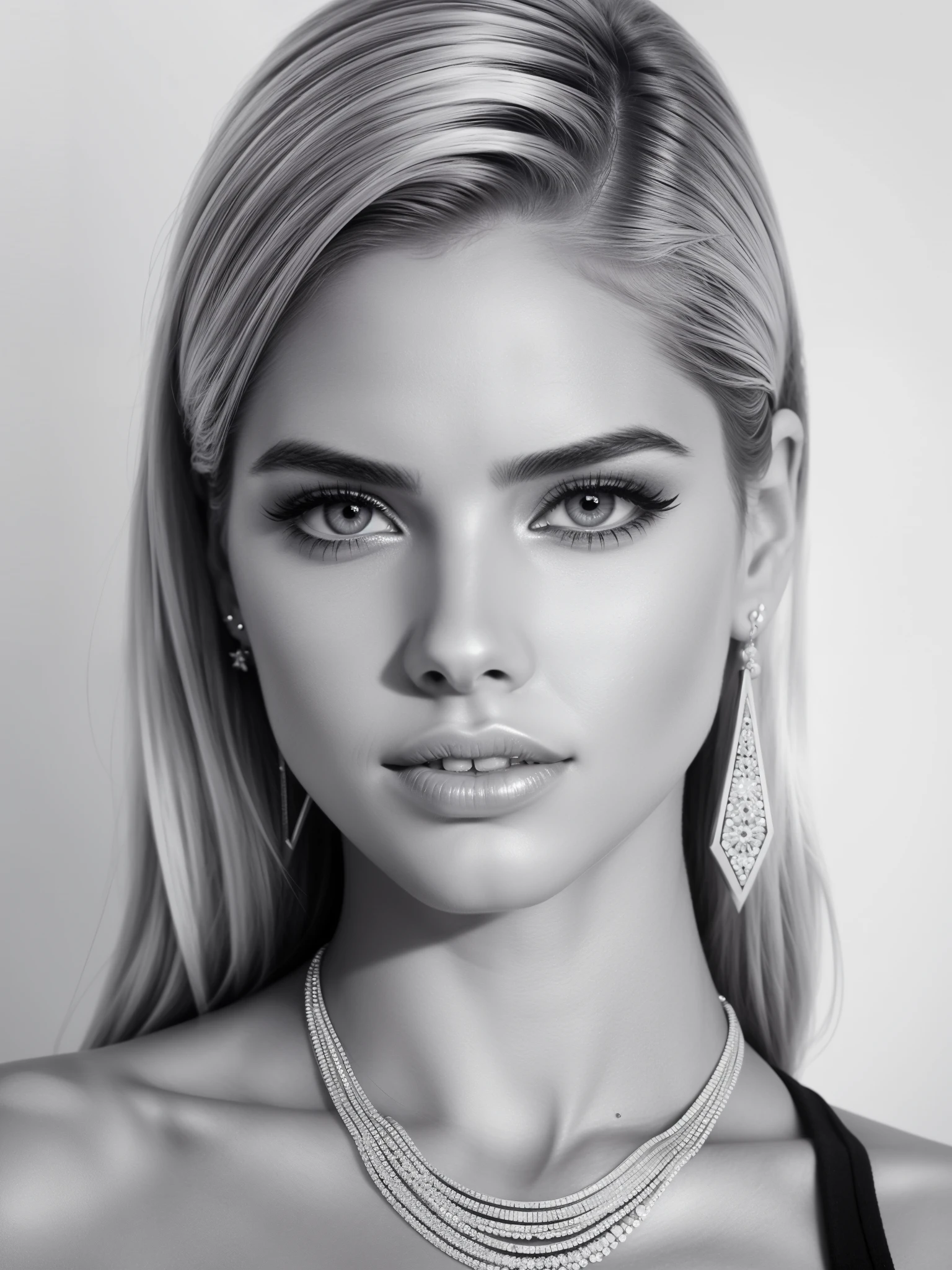 makeup, mascara, black and white, woman 25 years old, stylish, Clean, white hair, sharp designs, charcoal drawing, portrait, headshot, beautiful woman, earring, necklace, portrait, pencil drawing portrait,  sara sampaio, renee murden
