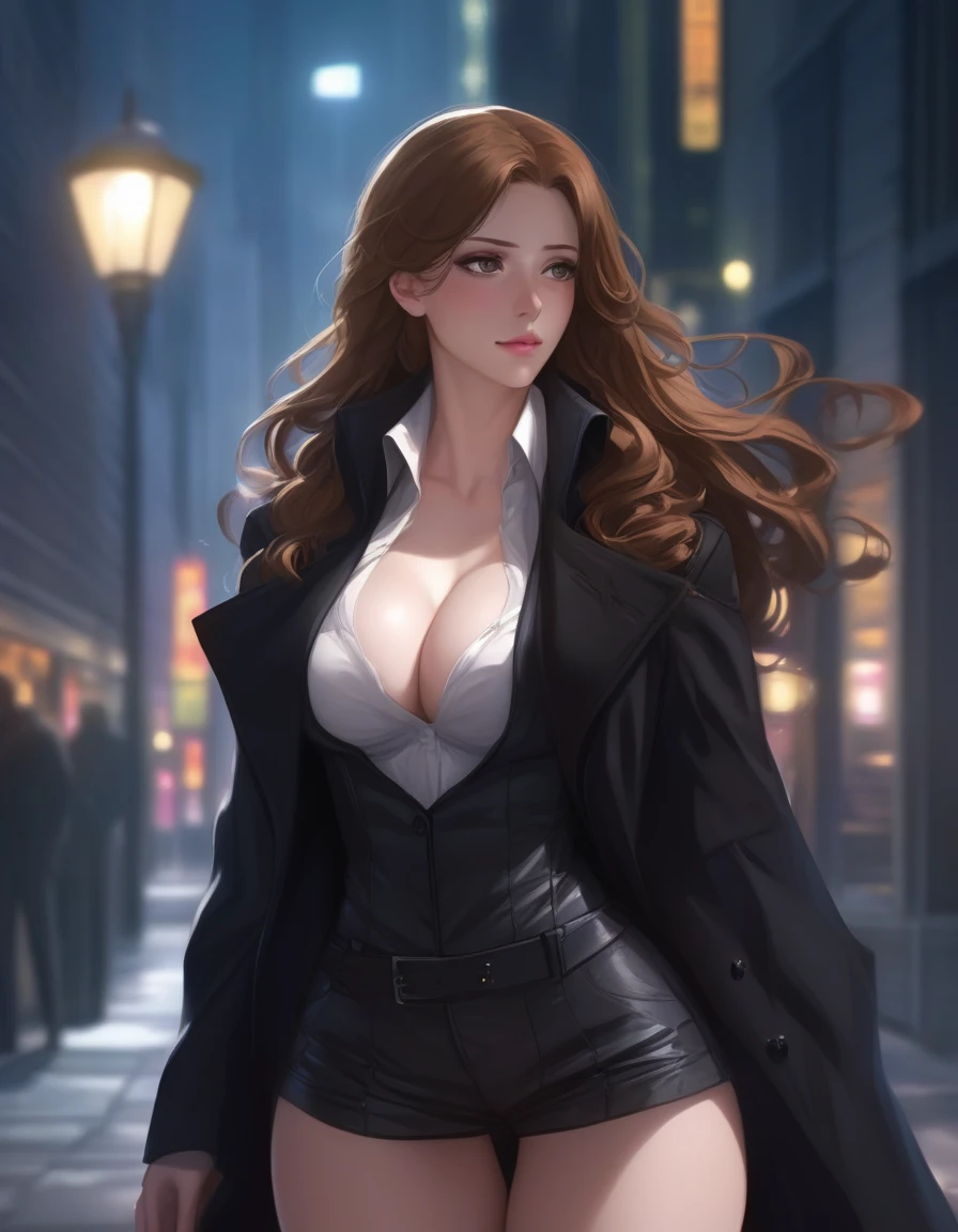 [high quality] [photographic] [anime] tall woman, Light brown hair, long wavy hair, detective style clothing, blossomed bag, big shelter, black jacket, black coat, black pantaloon, looking forward, bloomed white shirt, big breasts, formal wear, sexy, neckline, visible blaze, dark environment, night atmosphere. cinematographic lighting. NSFW, erotic. 