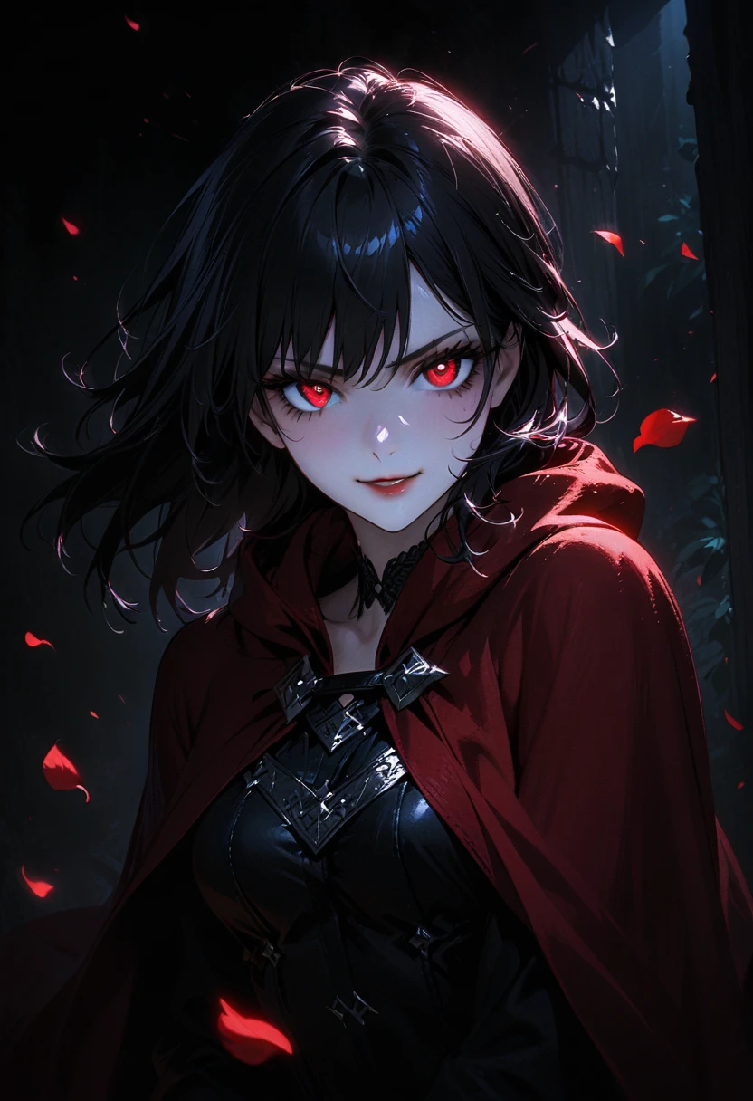 (full body portrait:1.3), 1girl, solo, (holding weapon), sword, (long black hair), detailed face, mischief expression, smirk, pale white skin, red eyes, (detailed eyes), long eyelashes, (black eye liner), red lipstick, black tunic, red hoodie cloak, long dress, leather glove, (chest armor), moonlight, hard lighting, blue light, cold light, ((rose pedals falling)), (medieval theme), (masterpiece), super detailed, best quality, POV, dw01-3400