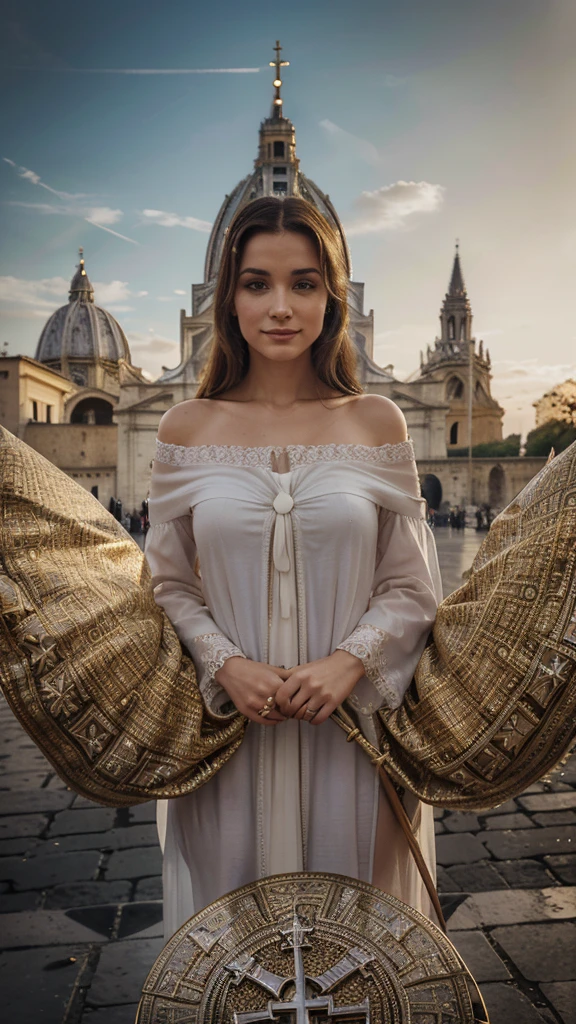smirk, regard de face, belle femme, jolie visage, bau coprs, belle robe blanche avec un liseré jaune, ((Place saint Pierre)), (au Vatican)