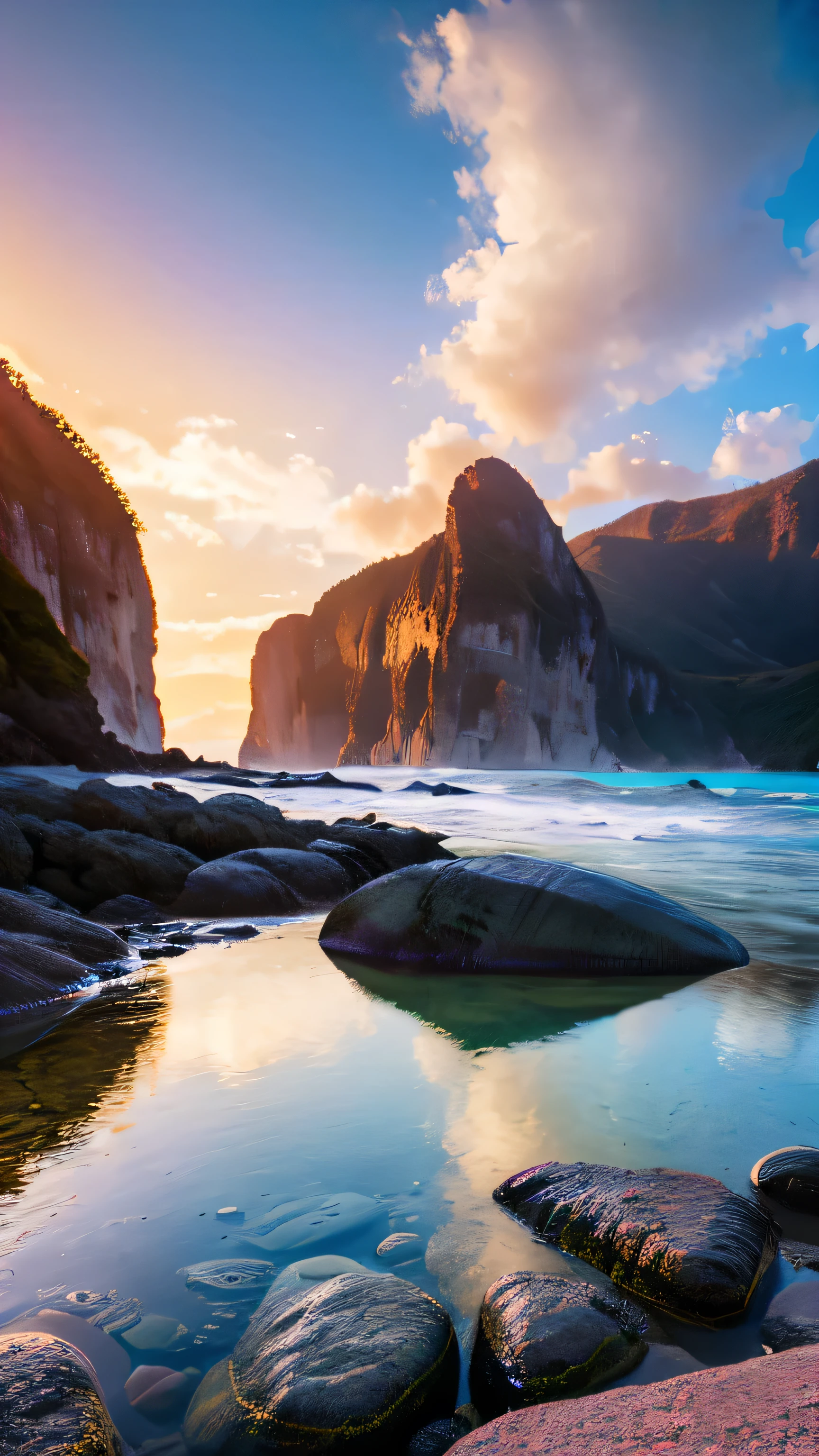 there is a rainbow in the sky over a beach with rocks and pebbles, seashore, Alpine Forest Landscape Photo,Steep mountain roads,Clear and transparent lake,wood,Bushes,Fallen leaves,Dawn Sun,kasumi,Cliffs and mountains,Dilapidated,,cold,Foggy sky,Not a dazzling morning sun,Nightmare vision,Dark fantasy plot,Perfect and excellent composition,8K resolution,detailed,restricted,close ultra-wide angle shot,Realistic,Beautiful sky,Colorful clouds float,True to life, The private parts are clearly visible, Perfect perfection, Digital single-lens reflex camera, 1024, 2048, 4096, Detailed, sharp, Best Quality, high quality, absurdists,Unattended background,Very detailed、Detailed lighting shadows,Art Station Trends、Complex、expensivedetailed、dramatic、(Volumetric Lighting:1.2)HDR shot。(close,Super Depth of Field,Ultra Wide Angle,Microfocal Lenses:1.2)(Realistic:1.4)Masterpiece、expensive、expensive quality、beautiful photo,Global illumination magical beach, sunny rainbow galaxy stormy sea, by Igor Grabar, colorful hd picure, near the seashore, rainbow reflections, just one rainbow 8 k, beach landscape, still of rainbow ophanim, calm vivid colors, by Marie Bashkirtseff, beautiful beach
