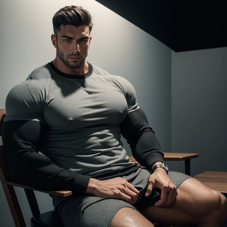 a very handsome young man, massively muscular, with massively large muscles, with massively large biceps, with massively large muscular arms, wearing a simple gray sweatshirt with long sleeves, sitting at an interrogation table on a black background