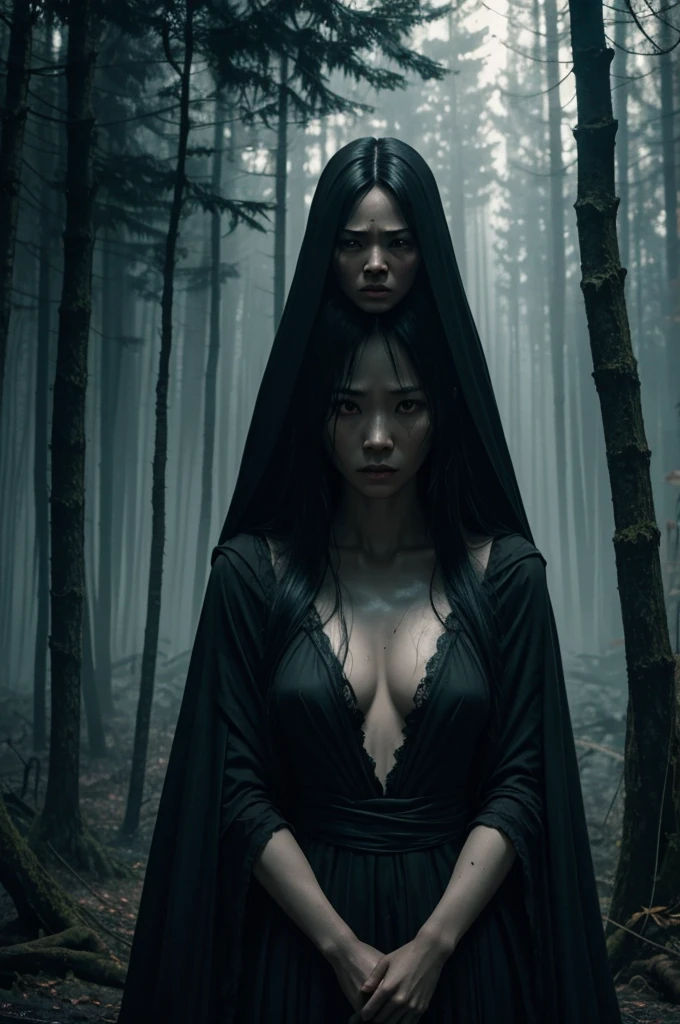 8k,crawl on the ground in the forest,Very normal breasts,A high resolution,real looking skin,Horror movie shot of creepy,very long black hair, Sadako,Super beauty(Like the real thing), wearing a dirty gown, eerily distorted face,thirds rule, Tonal color scheme, Pale Brown, Bokeh, mystery, Horror, eery, creepy, Moody lighting, In the style of Denis Villeneuve, Film Still, cinestill 800,Fantasyart,character art,sexy for,Horrific morphology,grudge,Grievances,