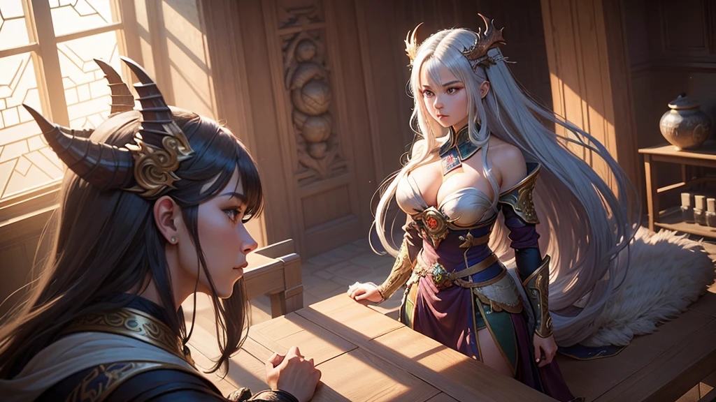 Create an animation featuring Kaida, the courageous leader of the Dragon Clan. She stands in a majestic meeting hall inside the clan's fortress, wearing intricately detailed battle attire with dragon symbols, reflecting her authority and strength. The hall is adorned with dragon sculptures and emblems, with a large stone table at the center. In the background, through a large window, the surrounding mountains are visible, creating an impressive and inspiring backdrop. Sunlight streams through the window, dramatically illuminating Kaida. Include subtle camera movements to enhance the dramatic effect."