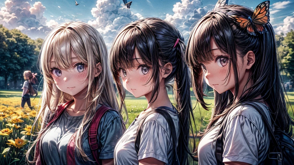 A girl wearing over-the-ear headphones，girl facing audience，The remaining 2 friends of the same age face the butterfly，Catching butterflies together on the field path，Sunny day and white clouds