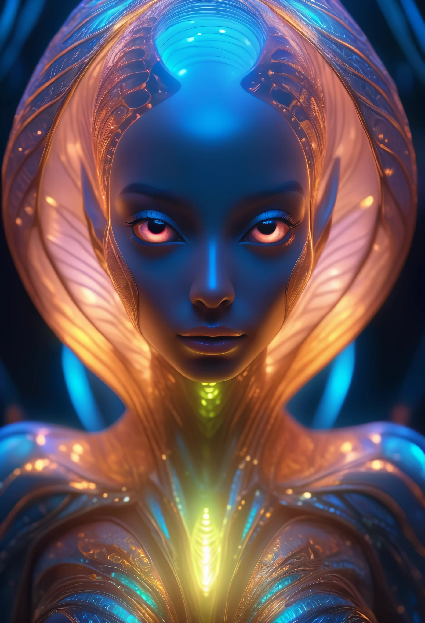 beautiful alien woman emerging from a cocoon, detailed beautiful face like cute girl and body, from back, glowing eyes, glowing skin, intricate organic details, translucent wings, symmetrical face, ethereal lighting, cinematic, vibrant colors, digital art, highly detailed, 8k, photorealistic
