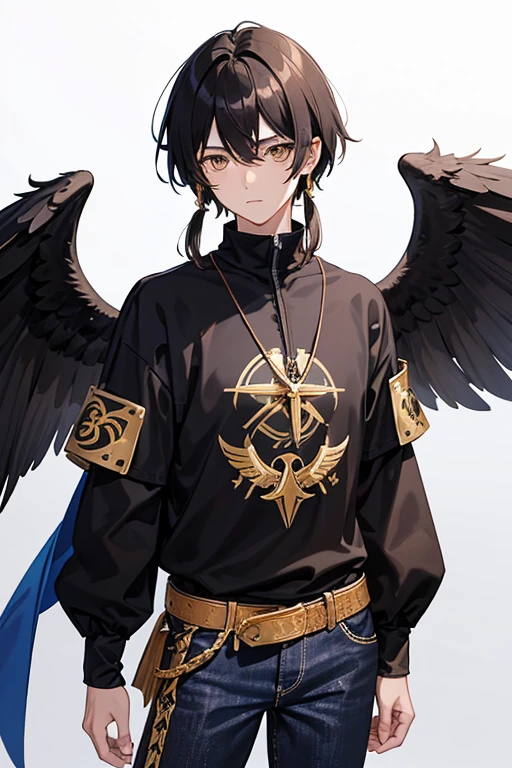 Bennett from Genshin Impact, 16 years old, black hair, brown eyes, white and black shirt, printed with golden wings, necklace with a golden cross, blue jeans, looking directly at the viewer in profile, white background