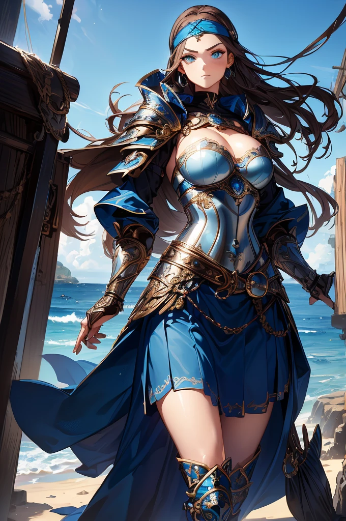 1girl, ((slim)) tall pirate sexywoman, thin waist, 18 years old, ((ornate ((steel)) breastplate armor)), average breasts. (((cleavage))), ((((very long blue skirt)))), ((headband)), on a ship, ((gorgeous slim face)), ((Brown hairs)), ((long straight flowing hairs)), sea, detailled face, marterwork, serious eyes, intense detailled eyes