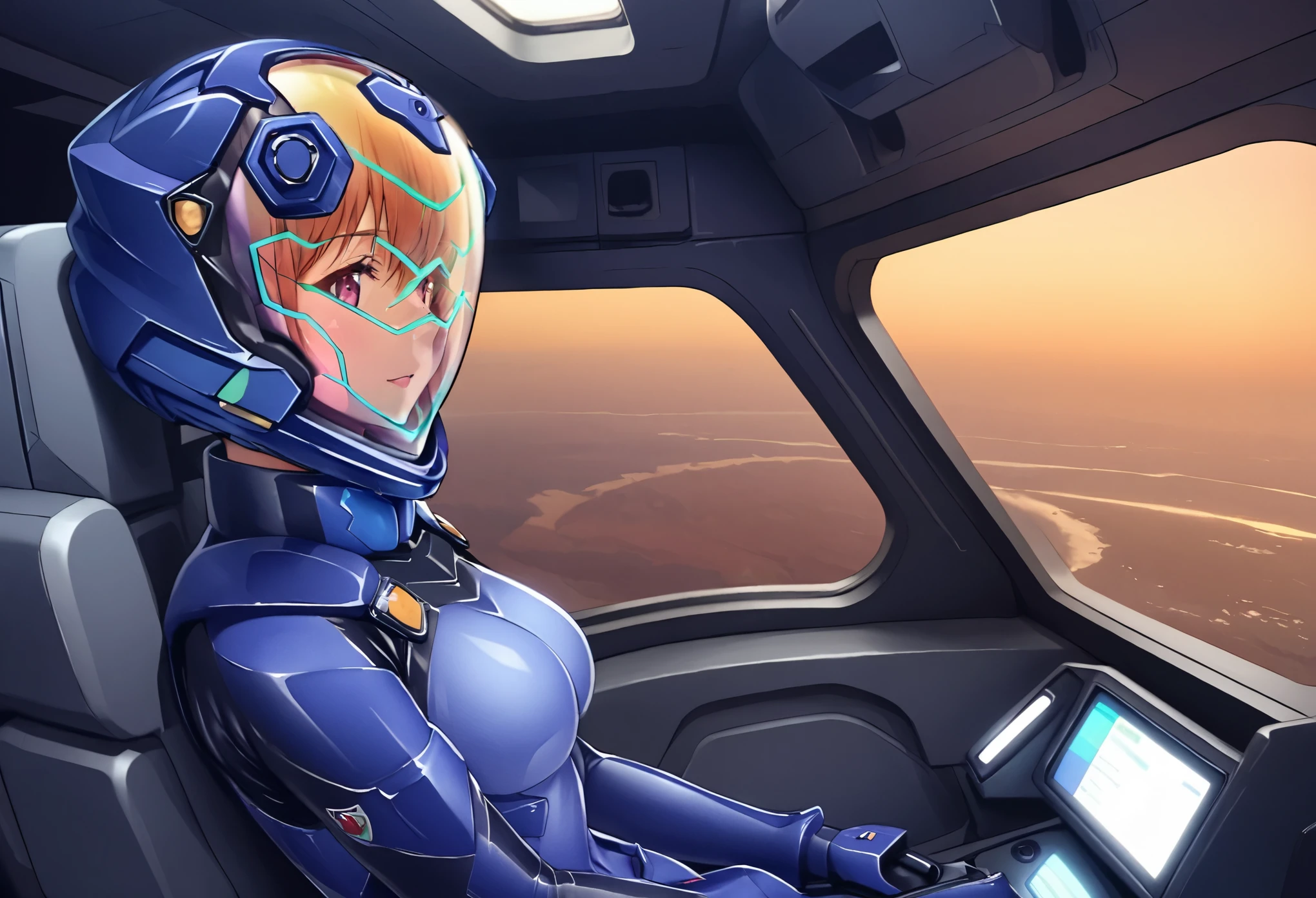 ((Female pilot in the cockpit of a reconnaissance plane), (airplane cockpit), (in flight), (10000 feet altitude)、(sky view):1.7),, short hair, street, emo, BLACK hair, white eyes, eyeliner, apocalypse, girl, nside the (cockpit:1.9) of a (futuristic spaceship:1.6), , blush,sitting on a chair, covered navel, space helmet, muvluv, space helm, plug suit , space helmet, eva helm, space suit, short hair, from side, blue bodysuit, visor helmetfrom behind
