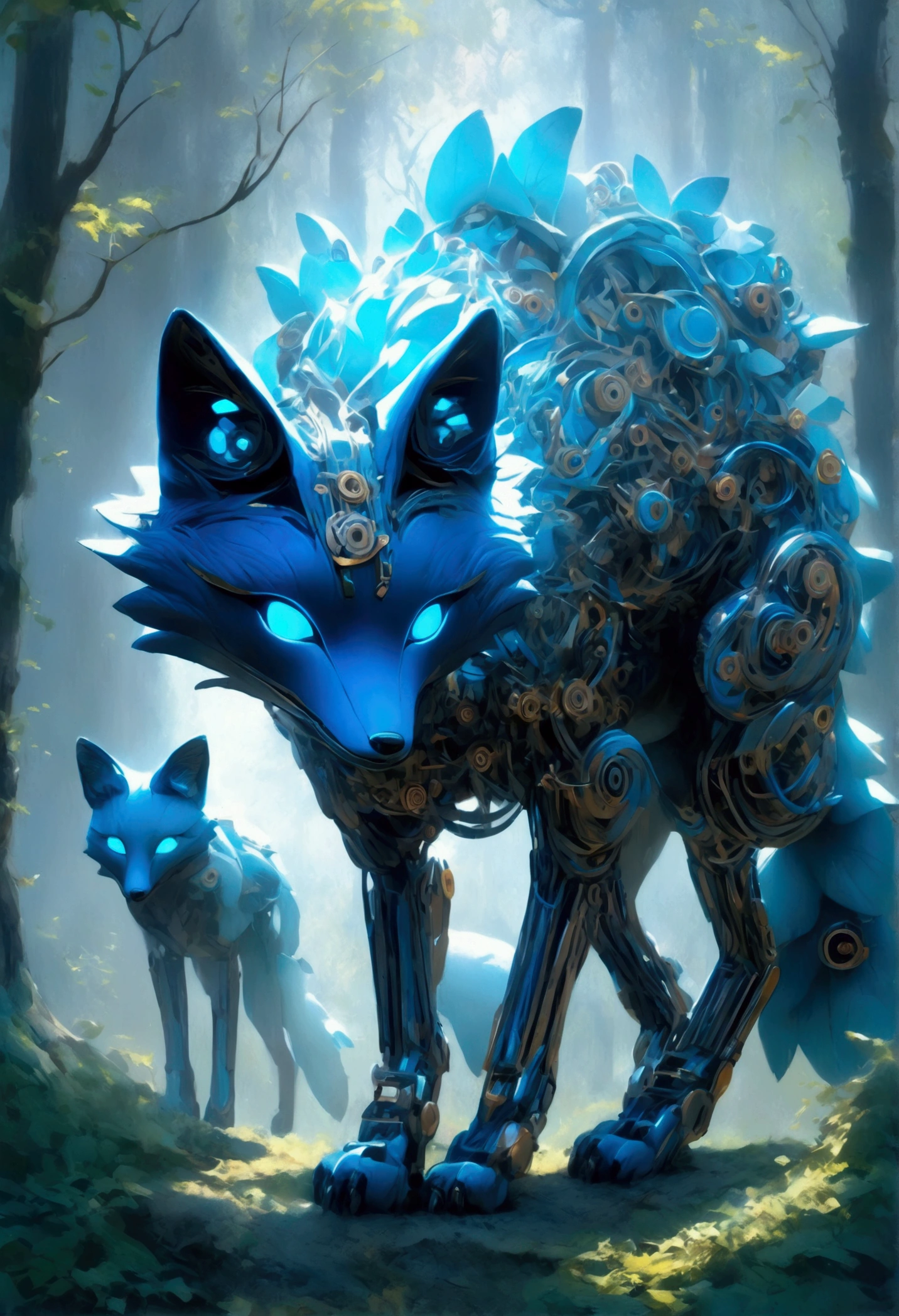 (Mechanical Creature, Mechanical body:1.2), In a transformed forest, trees and vegetation are endowed with mechanical life. A mechanical fox is passing through this forest, its body made up of precision gears and springs, and its eyes sparkling with blue light. The tail of the mechanical fox swayed lightly, as if searching for something. The background is mechanized trees, whose trunks and branches are made of metal and electrical circuits. Soft clouds float in the sky, and sunlight penetrates the gaps between the leaves, falling on the ground and forming mottled light and shadow, captivating chiaroscuro, dynamic movement, full body, award-winning, cinematic still, emotional, vignette, dynamic, vivid, (masterpiece, best quality, photorealistic, Professional, perfect composition, very aesthetic, absurdres, ultra-detailed, intricate details:1.3)