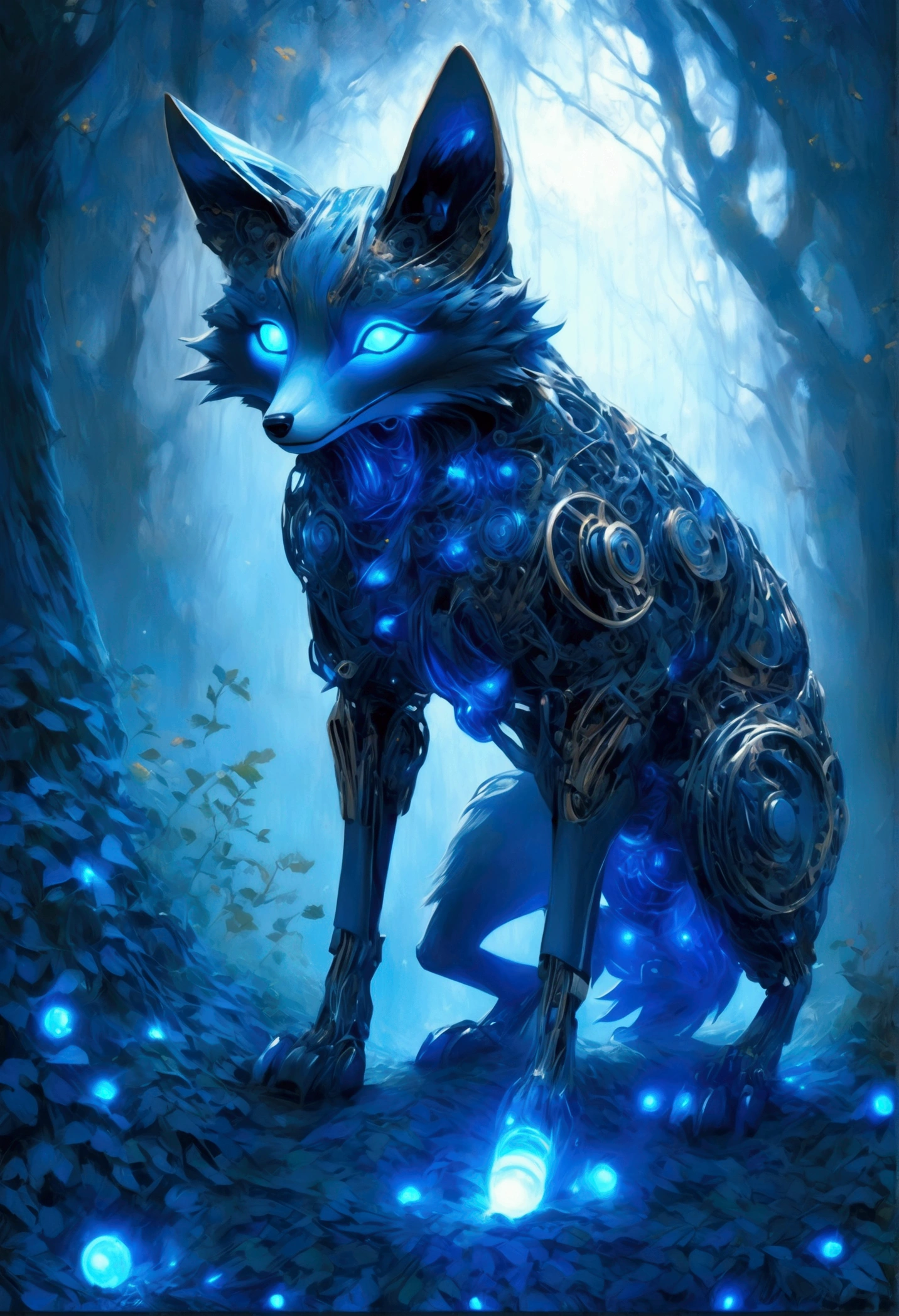 (Mechanical Creature, Mechanical body:1.2), In a transformed forest, trees and vegetation are endowed with mechanical life. A mechanical fox is passing through this forest, its body made up of precision gears and springs, and its eyes sparkling with blue light. The tail of the mechanical fox swayed lightly, as if searching for something. The background is mechanized trees, whose trunks and branches are made of metal and electrical circuits. Soft clouds float in the sky, and sunlight penetrates the gaps between the leaves, falling on the ground and forming mottled light and shadow, captivating chiaroscuro, dynamic movement, full body, award-winning, cinematic still, emotional, vignette, dynamic, vivid, (masterpiece, best quality, photorealistic, Professional, perfect composition, very aesthetic, absurdres, ultra-detailed, intricate details:1.3)
