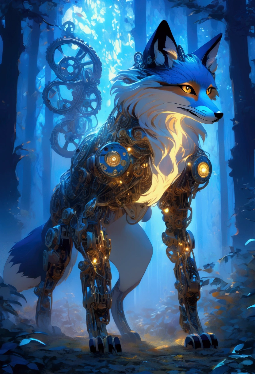 (Mechanical Creature, Mechanical body:1.2), In a transformed forest, trees and vegetation are endowed with mechanical life. A mechanical fox is passing through this forest, its body made up of precision gears and springs, and its eyes sparkling with blue light. The tail of the mechanical fox swayed lightly, as if searching for something. The background is mechanized trees, whose trunks and branches are made of metal and electrical circuits. Soft clouds float in the sky, and sunlight penetrates the gaps between the leaves, falling on the ground and forming mottled light and shadow, captivating chiaroscuro, dynamic movement, full body, award-winning, cinematic still, emotional, vignette, dynamic, vivid, (masterpiece, best quality, photorealistic, Professional, perfect composition, very aesthetic, absurdres, ultra-detailed, intricate details:1.3)