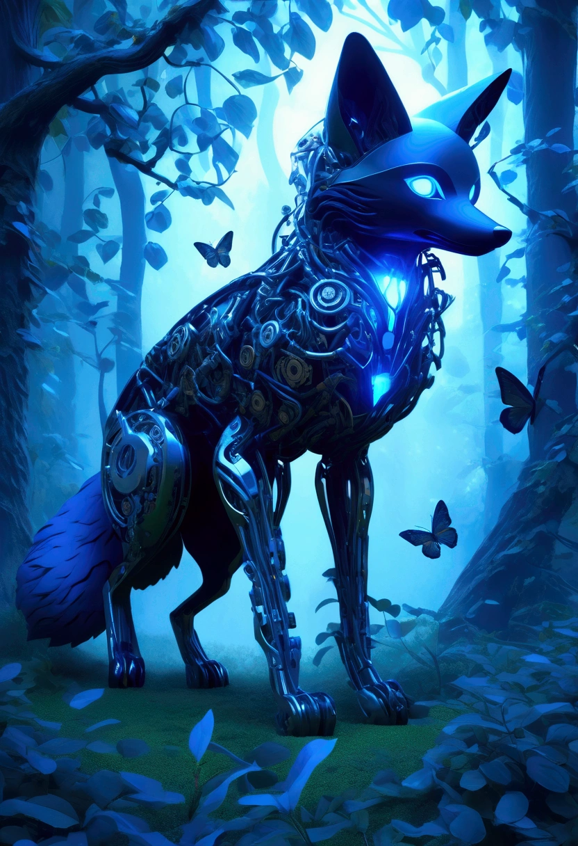 (Mechanical Creature, Mechanical body:1.2), In a transformed forest, trees and vegetation are endowed with mechanical life. A mechanical fox is passing through this forest, its body made up of precision gears and springs, and its eyes sparkling with blue light. The tail of the mechanical fox swayed lightly, as if searching for something. The background is mechanized trees, whose trunks and branches are made of metal and electrical circuits. Soft clouds float in the sky, and sunlight penetrates the gaps between the leaves, falling on the ground and forming mottled light and shadow, captivating chiaroscuro, dynamic movement, full body, award-winning, cinematic still, emotional, vignette, dynamic, vivid, (masterpiece, best quality, photorealistic, Professional, perfect composition, very aesthetic, absurdres, ultra-detailed, intricate details:1.3)