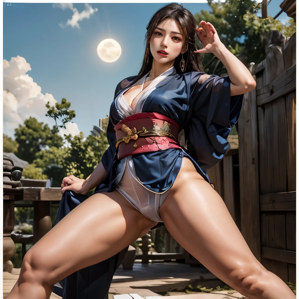 (masterpiece, Top quality, best quality, Official Art, beauty:1.2),(The Most detailed and clear facial features:2.0,Facial Contour:1.0) (1 Japanese Chunli:1.5), Very detailed,(Ukiyo-e艺术:1.1),(Ukiyo-e,Colorful:1.1)(Flowers:1.3),Most detailed,(tangled:1.2), (Dynamic poses,Show your thighs:2.0), (blue sky white clouds moon background:1.3), (Japanese clothing:1.2,Kimono transparent:1.5), (Open your legs,For radiant skin,Camel toe pubic bone:1.2), (Many colors:1.4), ,(earrings:1.4),