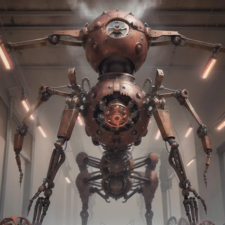Mechanical Clockworkspider, gears, wires, metal plating, clock gears, electric wires, mechanical limbs, industrial body, metal skin, electricity, detailed face features, bronze light eyes, copper tubing, steam powered, photorealistic, 8k, high resolution,