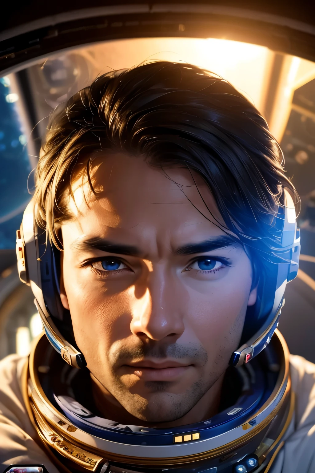 high quality, cinematic, astronaut in space station, video call with wife and children, detailed facial features, warm lighting, emotional expression, realistic, photorealistic, vibrant colors, dramatic lighting, 8k, dynamic composition, cinematic angle, breathtaking, stunning, awe-inspiring, masterpiece