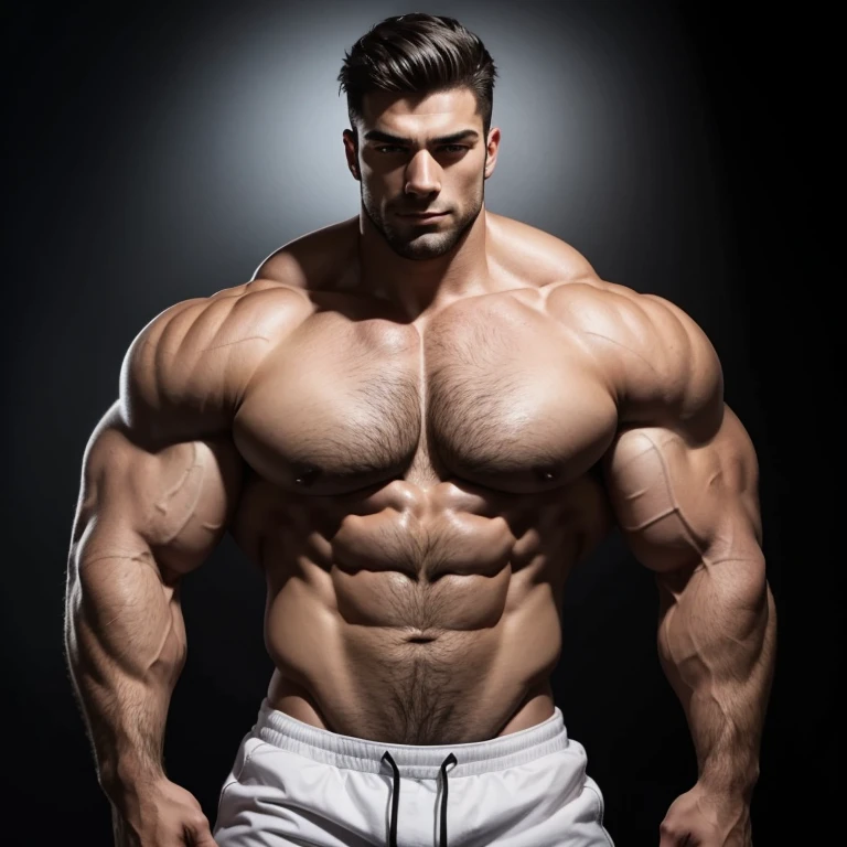 a young and very handsome, massively muscular man, with massively large muscles, with massively large biceps, with massively large and muscular arms, shirtless, on a black background