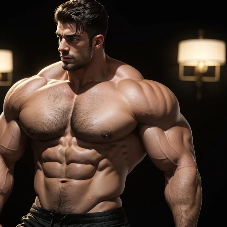 a young and very handsome, massively muscular man, with massively large muscles, with massively large biceps, with massively large and muscular arms, shirtless, on a black background