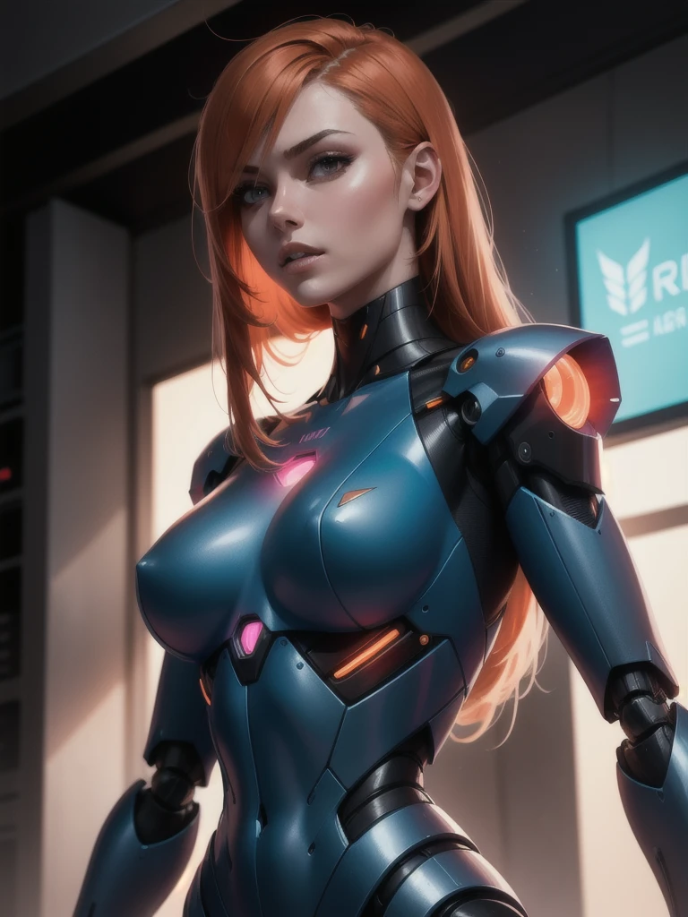 female,robot ,female,robot cyborg mech, peach hair, cyberpunk:0.35, perfect lighting, Perfect shading, details, complicated, (perfect body), Beautiful face, Slippery hair, ((Full torso)), realistic:1.35, mature adult:1.4,