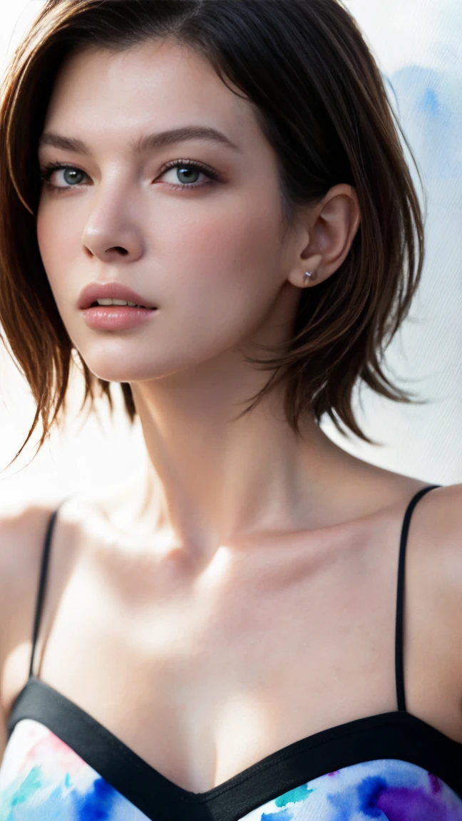 (masterpiece:1.2, Highest quality),8K,wallpaper,(((Watercolor))),(Milla Jovovich), Upper body close-up,front,short hair,Wearing a dress that blends into the background,Perfect Eyes,Detailed face,,Sexy expression,Cool woman,),(Abstract background)