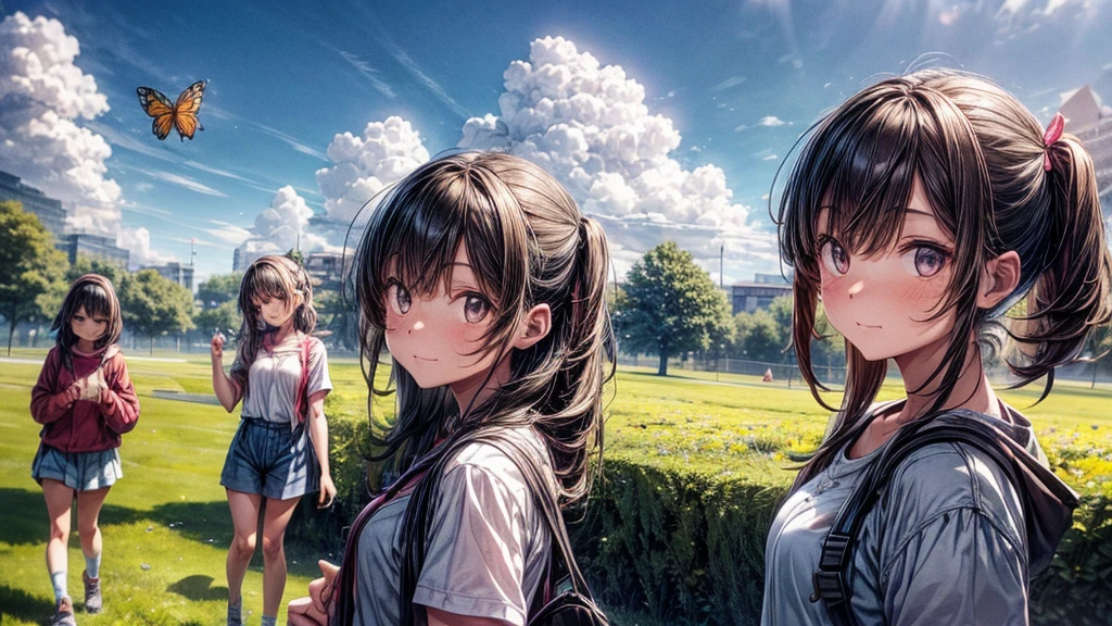 A girl wears over-ear headphones and faces the audience,Two other friends of the same age faced the butterflies and caught butterflies on the field path.,Sunny day and white clouds