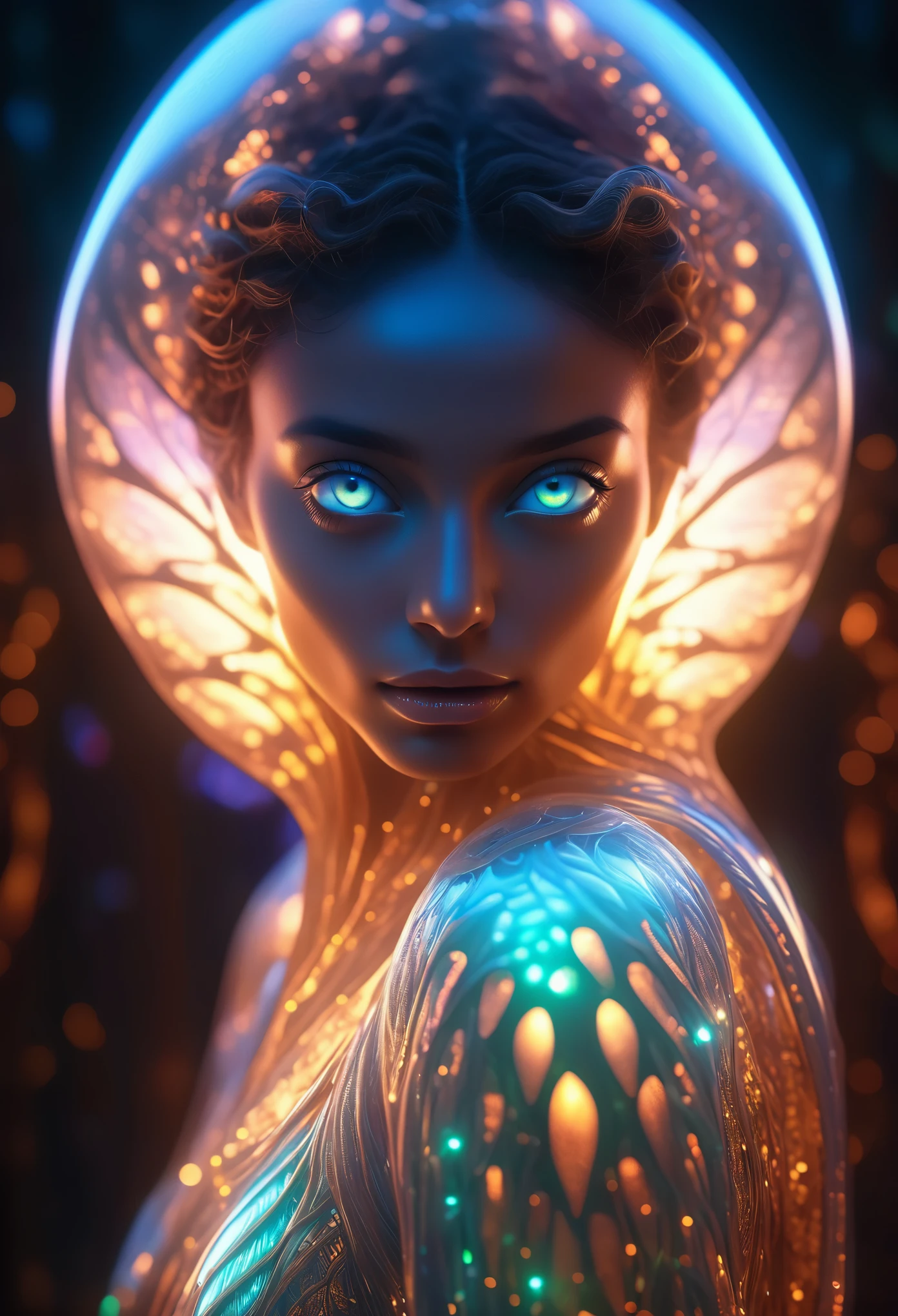 beautiful alien woman emerging from a cocoon, detailed beautiful face like cute girl and body, from back, glowing eyes, glowing skin, intricate organic details, translucent wings, symmetrical face, ethereal lighting, cinematic, vibrant colors, digital art, highly detailed, 8k, photorealistic