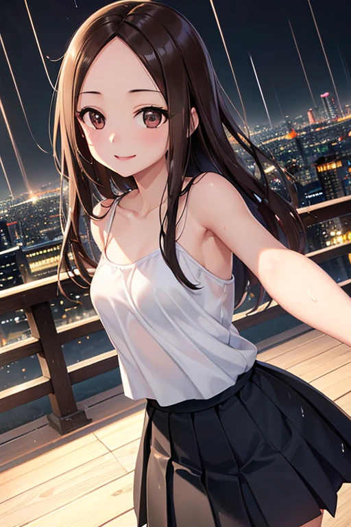Takagi-san、Shiny brown hair, Long Hair,Forehead、Center part、 Beautiful brown eyes、smile、Sparkling eyes, (fine grain)、Very fine eye、Highly detailed face, Highly detailed eyes,
(masterpiece:1.3, 最high quality, 超High resolution, Super detailed), Cowboy Shot、 One woman,最high quality, masterpiece, High resolution,
1 girl, Outdoor selfie, (Skin with attention to detail: 1.2), smile, clavicle, ((White camisole、BREAK Pure black pleated skirt)),
Soft Light, high quality, City view, Skyline, night, rain, Wet, Professional Lighting, Photon Mapping, Radio City, Physically Based Rendering,