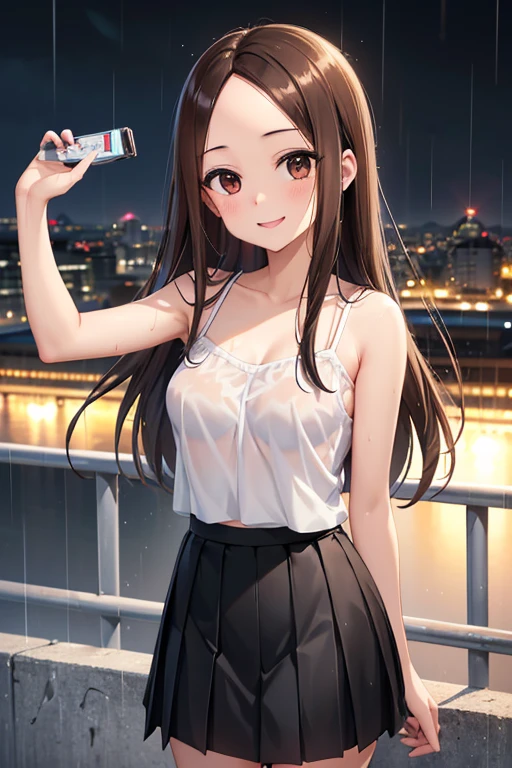 Takagi-san、Shiny brown hair, Long Hair,Forehead、Center part、 Beautiful brown eyes、smile、Sparkling eyes, (fine grain)、Very fine eye、Highly detailed face, Highly detailed eyes,


(masterpiece:1.3, 最high quality, 超High resolution, Super detailed), Cowboy Shot、 One woman，最high quality, masterpiece, High resolution, 


1 girl, Outdoor selfie, (Skin with attention to detail: 1.2),  smile, clavicle,  ((White camisole、BREAK Pure black pleated skirt)), 
Soft Light, high quality, City view, Skyline, night, rain, Wet, Professional Lighting, Photon Mapping, Radio City, Physically Based Rendering,