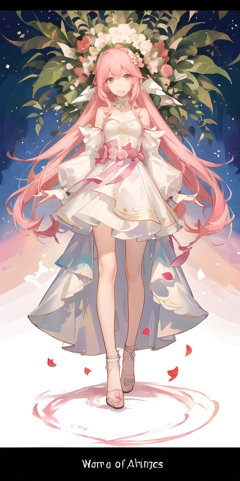girl with pink longhair and massive wings wwith a pink and golden crwon on her head wearing a goddesse dress, (Full Body) (Flower Icon at the bottom of the screen) (Character profile at the bottom of the screen) (Game Character) (Full Forest Background full with Roses.)