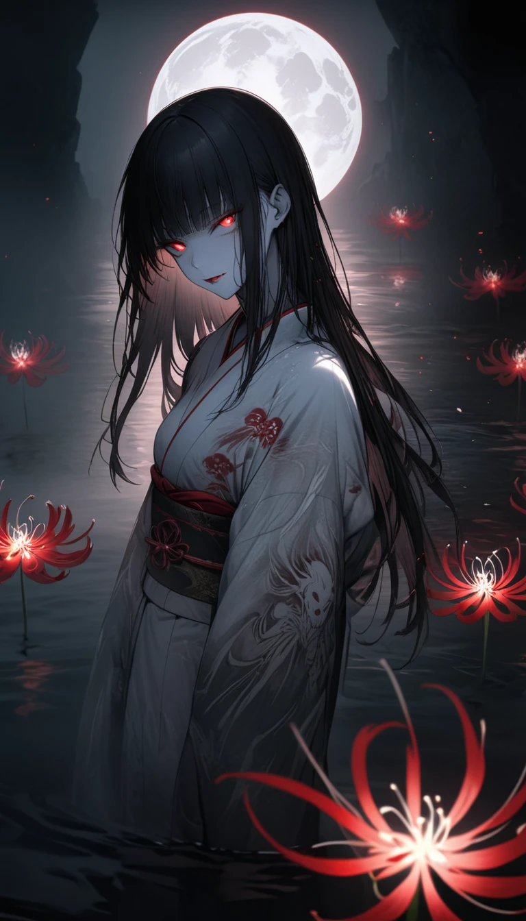 Black, white and red spider lilies in full bloom illuminated by the light of the full moon,A light-colored kimono that is so thin it is almost transparent,Beautiful long straight black hair,Red lipstick,A mysterious and seductive smile,Pale skin,Standing by the water,Japan Ghost Story,Shoulder