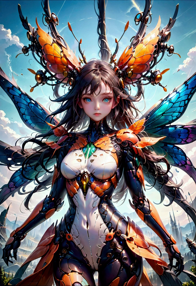 Mechanical Creature, mechanical dragonfly, intricate artwork, nightmare creature, perfect eyes, delicate skin, luminism, macro photography, Ultra high quality, 8k, ultra details, symmetry, digital painting, summer tones, 4k resolution, perfect composition, detailed background, 60-30-10 color rule, masterpiece, best quality, very aesthetic, absurdres