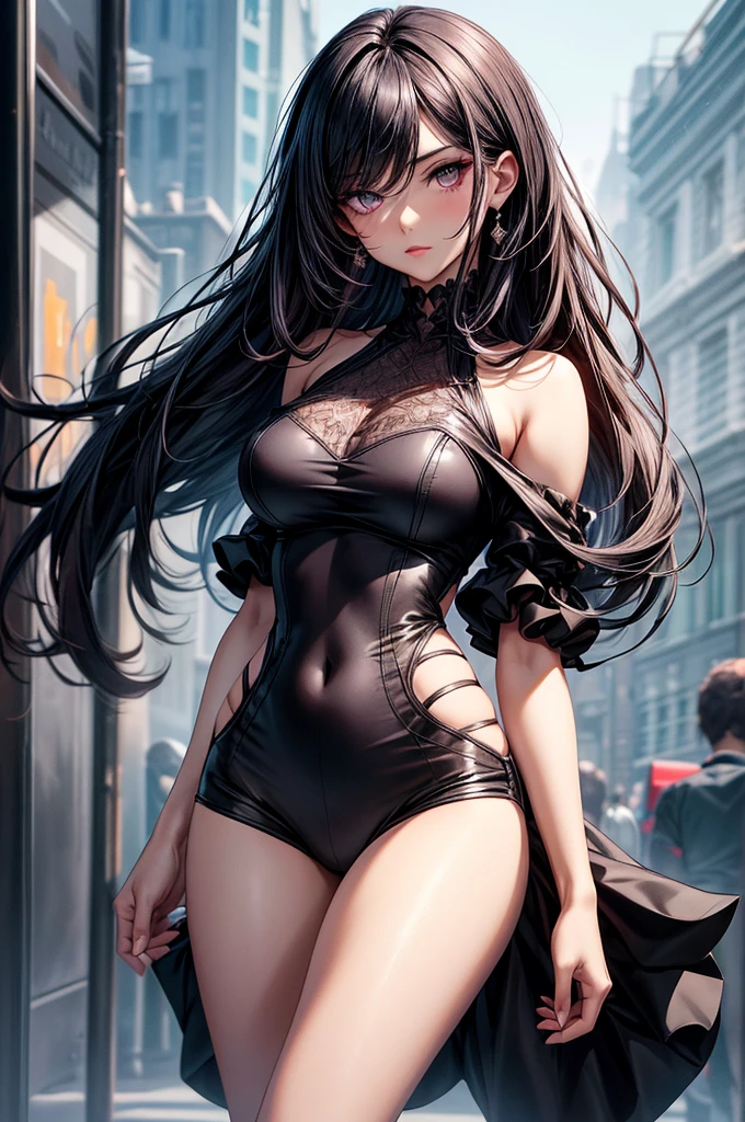 highest quality, ultra high resolution, super detailed, gorgeous, masterpiece, best quality, high resolution finely detailed, distinct image, finely detailed, hourglass figure, immaculate and alluring body shape, 17 year old, 1 girl, solo, sharp facial features, oval shaped face, high-bridged nose, arrogant and smug expression, cherry red lips, dark velvet colored eyes, medium height(175cm), slim curves, toned body type, flowing waist length hair, sleek dark violet-black hair, narrow waist, long slender legs, modern city setting, flawless lightly tanned white skin, frilly off-shoulder blouse, adidas dolphin shorts