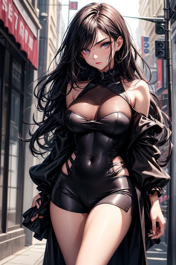 highest quality, ultra high resolution, super detailed, gorgeous, masterpiece, best quality, high resolution finely detailed, distinct image, finely detailed, hourglass figure, immaculate and alluring body shape, 17 year old, 1 girl, solo, sharp facial features, oval shaped face, high-bridged nose, arrogant and smug expression, cherry red lips, dark velvet colored eyes, medium height(175cm), slim curves, toned body type, flowing waist length hair, sleek dark violet-black hair, narrow waist, long slender legs, modern city setting, flawless lightly tanned white skin, frilly off-shoulder blouse, adidas dolphin shorts