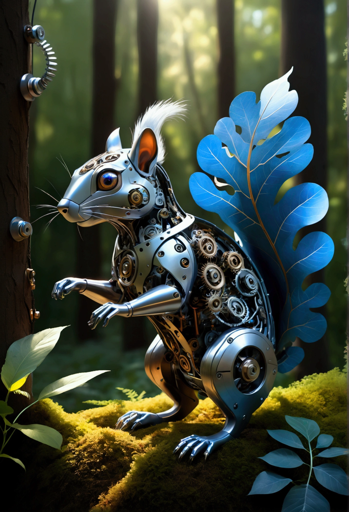 (Mechanical Creature, Mechanical body:1.2), In a transformed forest, trees and vegetation are endowed with mechanical life. A mechanical fox is passing through this forest, its body made up of precision gears and springs, and its eyes sparkling with blue light. The tail of the mechanical fox swayed lightly, as if searching for something. The background is mechanized trees, whose trunks and branches are made of metal and electrical circuits. Soft clouds float in the sky, and sunlight penetrates the gaps between the leaves, falling on the ground and forming mottled light and shadow, captivating chiaroscuro, dynamic movement, full body, award-winning, cinematic still, emotional, vignette, dynamic, vivid, (masterpiece, best quality, photorealistic, Professional, perfect composition, very aesthetic, absurdres, ultra-detailed, intricate details:1.3)