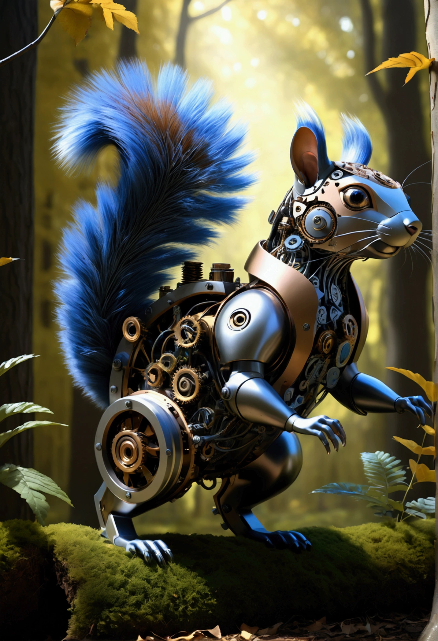 (Mechanical Creature, Mechanical body:1.2), In a transformed forest, trees and vegetation are endowed with mechanical life. A mechanical fox is passing through this forest, its body made up of precision gears and springs, and its eyes sparkling with blue light. The tail of the mechanical fox swayed lightly, as if searching for something. The background is mechanized trees, whose trunks and branches are made of metal and electrical circuits. Soft clouds float in the sky, and sunlight penetrates the gaps between the leaves, falling on the ground and forming mottled light and shadow, captivating chiaroscuro, dynamic movement, full body, award-winning, cinematic still, emotional, vignette, dynamic, vivid, (masterpiece, best quality, photorealistic, Professional, perfect composition, very aesthetic, absurdres, ultra-detailed, intricate details:1.3)