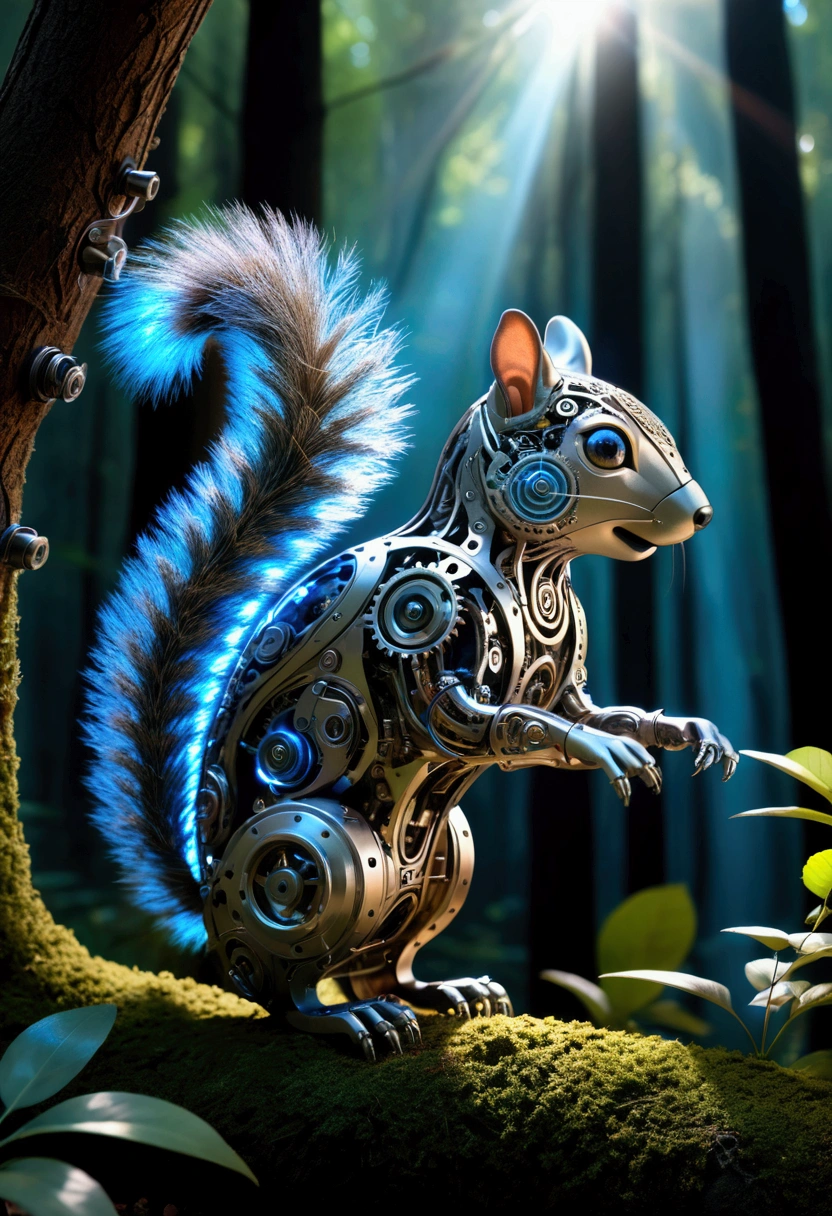 (Mechanical Creature, Mechanical body:1.2), In a transformed forest, trees and vegetation are endowed with mechanical life. A mechanical fox is passing through this forest, its body made up of precision gears and springs, and its eyes sparkling with blue light. The tail of the mechanical fox swayed lightly, as if searching for something. The background is mechanized trees, whose trunks and branches are made of metal and electrical circuits. Soft clouds float in the sky, and sunlight penetrates the gaps between the leaves, falling on the ground and forming mottled light and shadow, captivating chiaroscuro, dynamic movement, full body, award-winning, cinematic still, emotional, vignette, dynamic, vivid, (masterpiece, best quality, photorealistic, Professional, perfect composition, very aesthetic, absurdres, ultra-detailed, intricate details:1.3)
