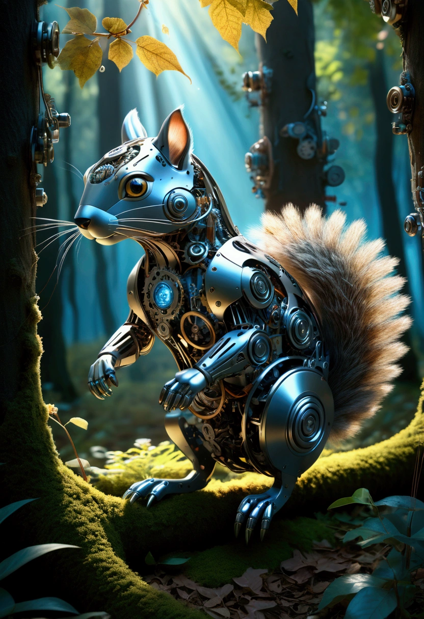 (Mechanical Creature, Mechanical body:1.2), In a transformed forest, trees and vegetation are endowed with mechanical life. (A mechanical squirrel) is passing through this forest, its body made up of precision gears and springs, and its eyes sparkling with blue light. The tail of the mechanical fox swayed lightly, as if searching for something. The background is mechanized trees, whose trunks and branches are made of metal and electrical circuits. Soft clouds float in the sky, and sunlight penetrates the gaps between the leaves, falling on the ground and forming mottled light and shadow, captivating chiaroscuro, dynamic movement, full body, award-winning, cinematic still, emotional, vignette, dynamic, vivid, (masterpiece, best quality, photorealistic, Professional, perfect composition, very aesthetic, absurdres, ultra-detailed, intricate details:1.3)