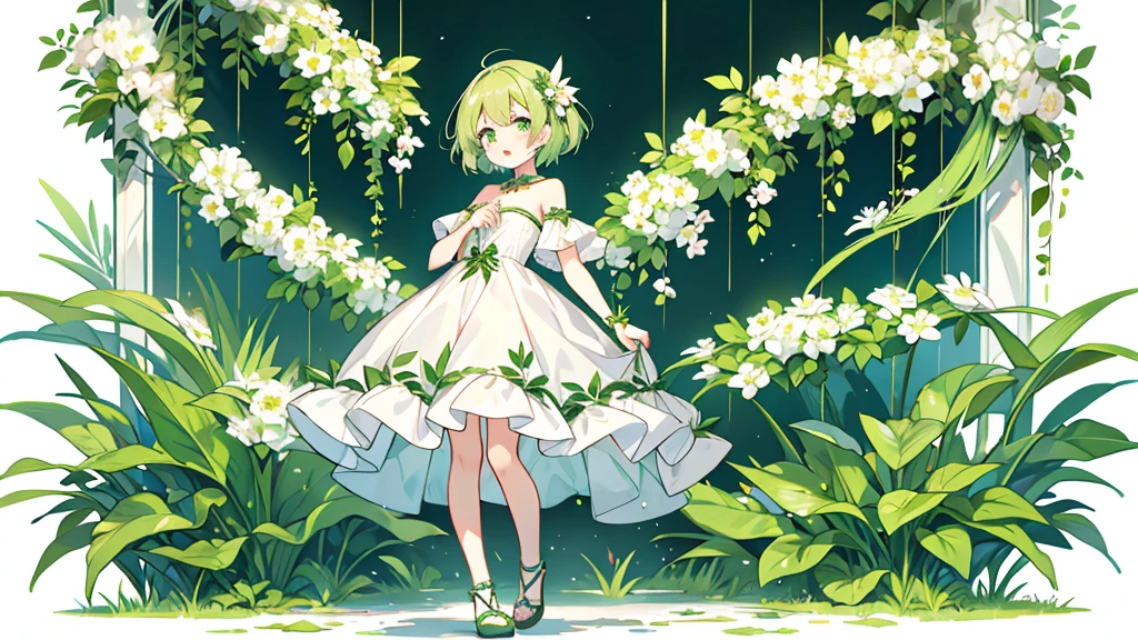 Green short hair full body picture, Green Eyes, Small white flower hair accessories , Green Dress , short and small , cry , 1 girl , best quality、high resolution , standing,White background , Hands together