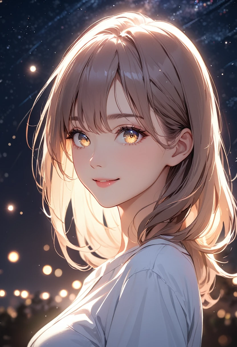 (masterpiece:1.5),(Beat quality),(high res),1girl solo,beautiful face,smile(shining eyes),upper body,light effects,Plainclothes woman,Starry Sky