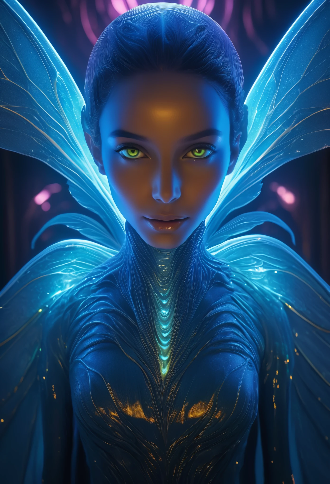 beautiful alien woman emerging from a cocoon, detailed beautiful face like cute girl and body, glowing eyes, glowing skin, intricate organic details, translucent wings, symmetrical face, ethereal lighting, cinematic, vibrant colors, digital art, highly detailed, 8k, photorealistic