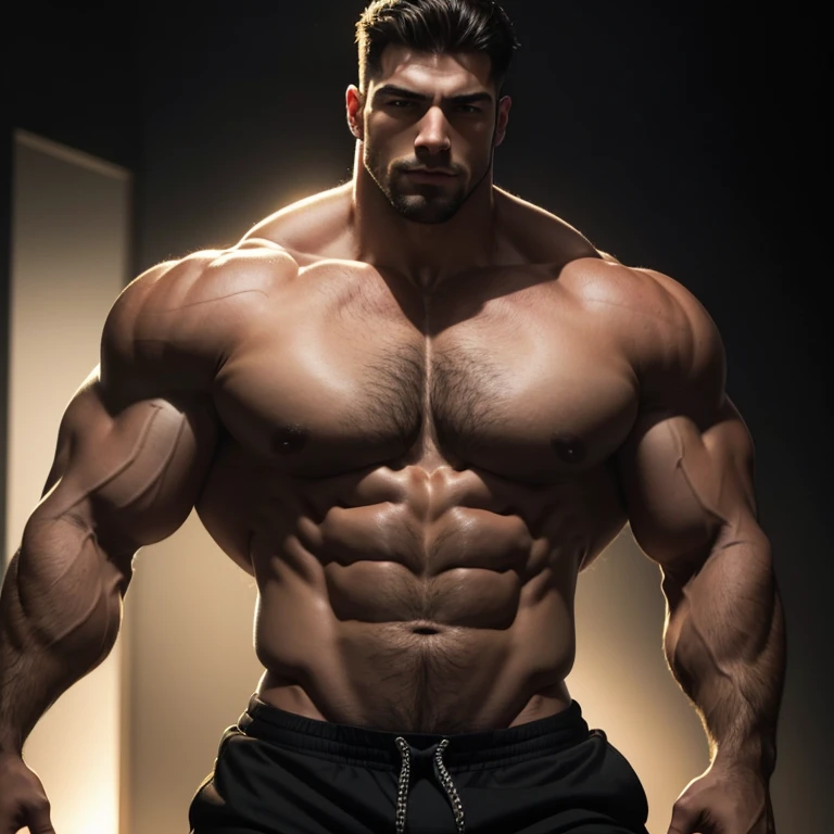 a young and very handsome, massively muscular man, with massively large muscles, with massively large biceps, with massively large and muscular arms, shirtless, on a black background