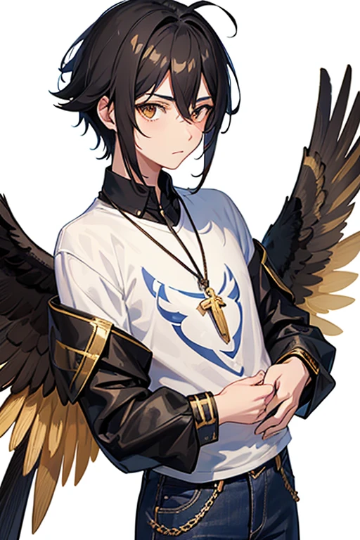 Bennett from Genshin Impact, 16 years old, black hair, brown eyes, white and black shirt, printed with golden wings, necklace with a golden cross, blue jeans, looking directly at the viewer in profile, white background
