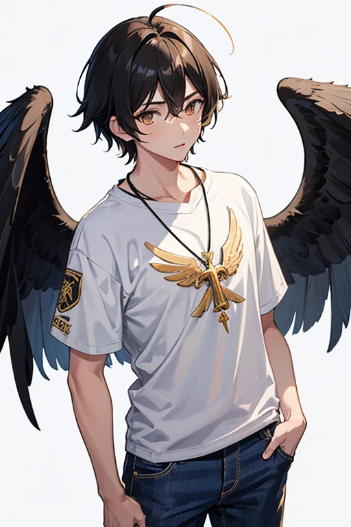 Bennett from Genshin Impact, 16 years old, black hair, brown eyes, white and black shirt, printed with golden wings, necklace with a golden cross, blue jeans, looking directly at the viewer in profile, white background