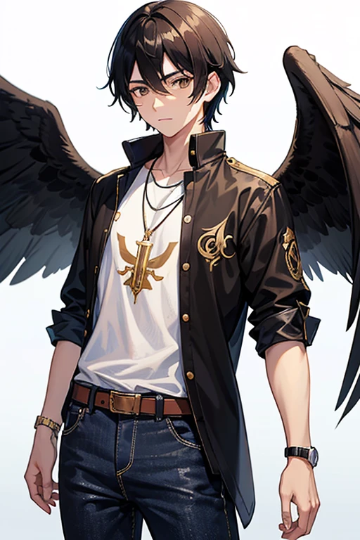 Bennett from Genshin Impact, 16 years old, black hair, brown eyes, white and black shirt, printed with golden wings, necklace with a golden cross, blue jeans, looking directly at the viewer in profile, white background
