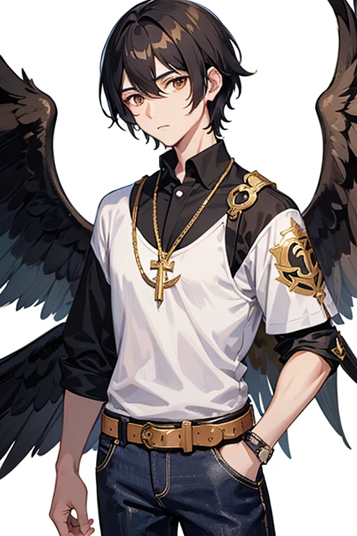 Bennett from Genshin Impact, 16 years old, black hair, brown eyes, white and black shirt, printed with golden wings, necklace with a golden cross, blue jeans, looking directly at the viewer in profile, white background