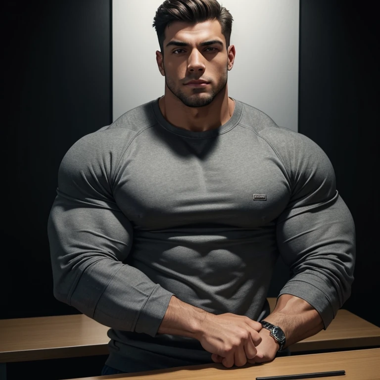 a very handsome young man, massively muscular, with massively large muscles, with massively large biceps, with massively large muscular arms, wearing a simple gray sweatshirt with long sleeves, in front of an interrogation table on a black background